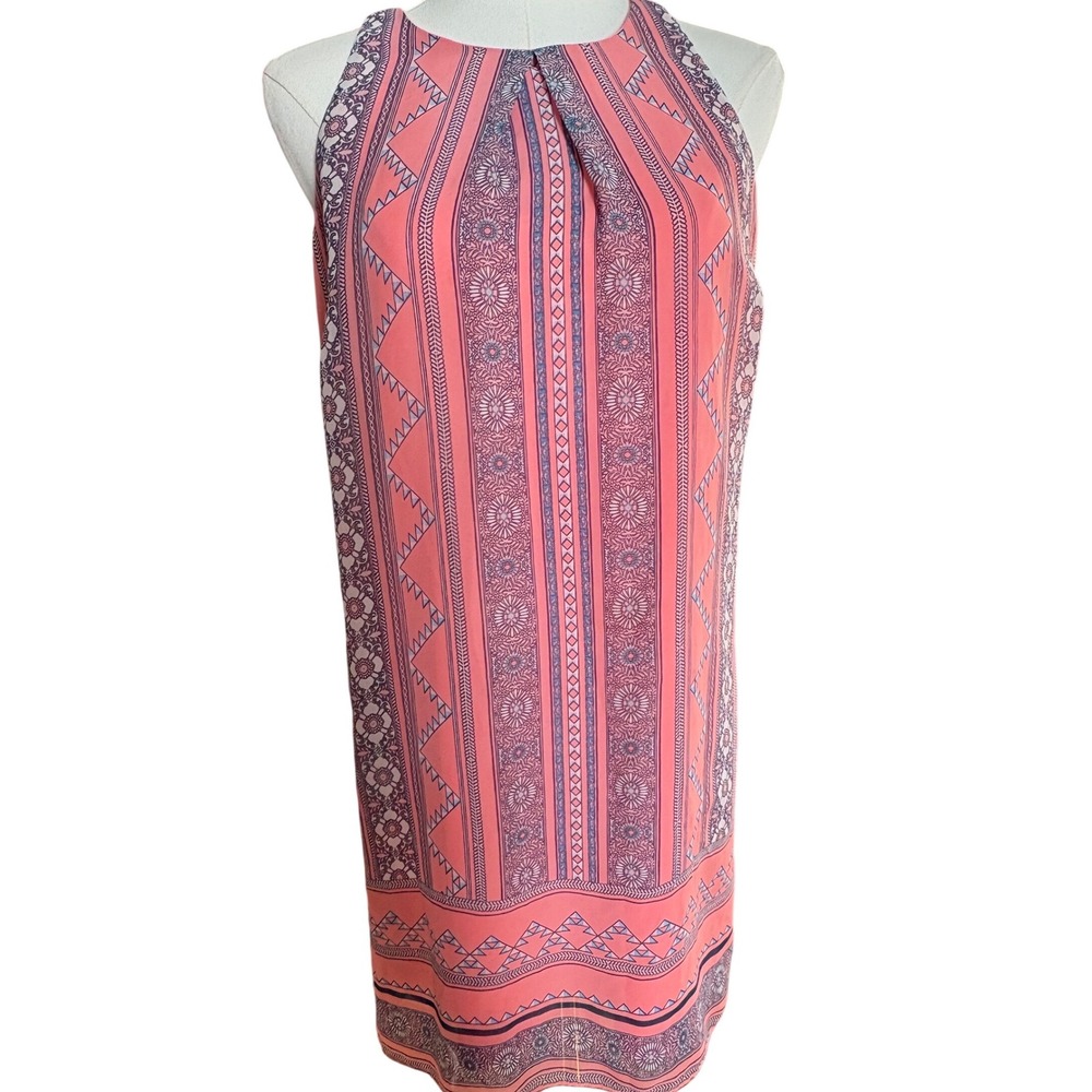 By & By Coral Pink Geometric Floral Lace Back Halter Shift Dress Small